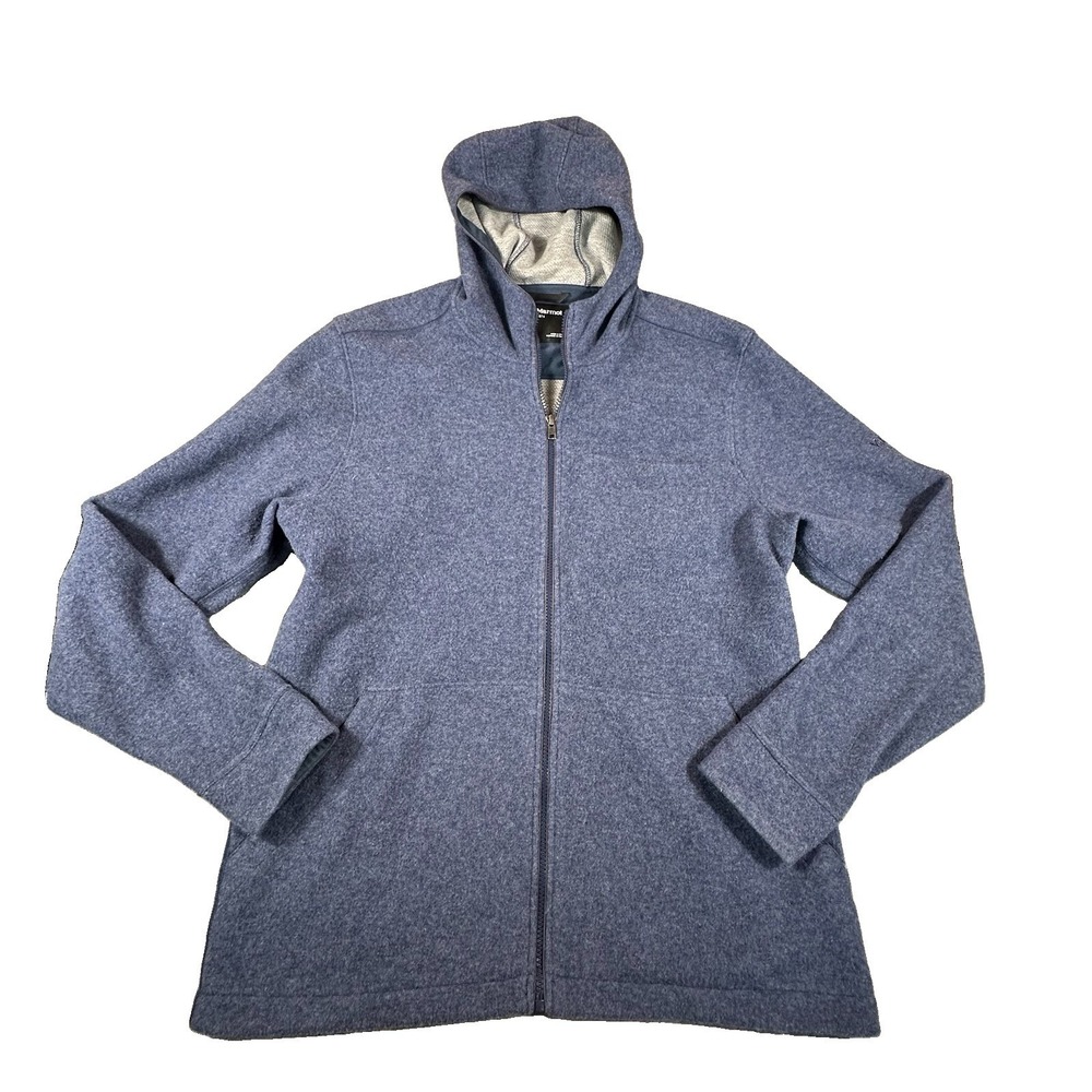 Marmot Mens Full Zip Wool Blend Jacket Large Navy Blue Heather Warm Fleece Hood‎